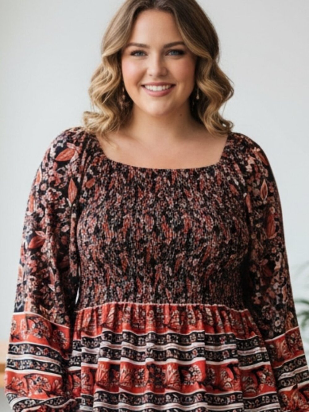 SHEIN CURVE*BOHO FLORAL SMOCKED PEPLUM TOP*DRAMATIC FLARE BELL SLEEVES*SIZE: 2XL